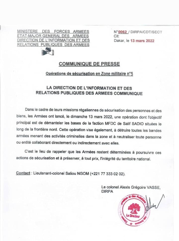 Bignona : L'armée confirme avoir bombardé plusieurs bases de Salif Sadio (Document) Bignona : L'armée confirme avoir bombardé plusieurs bases de Salif Sadio (Document)