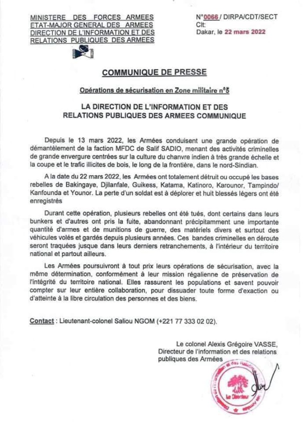 Opération de démantèlement des bases de Salif Sadio : L'armée dévoile son bilan...