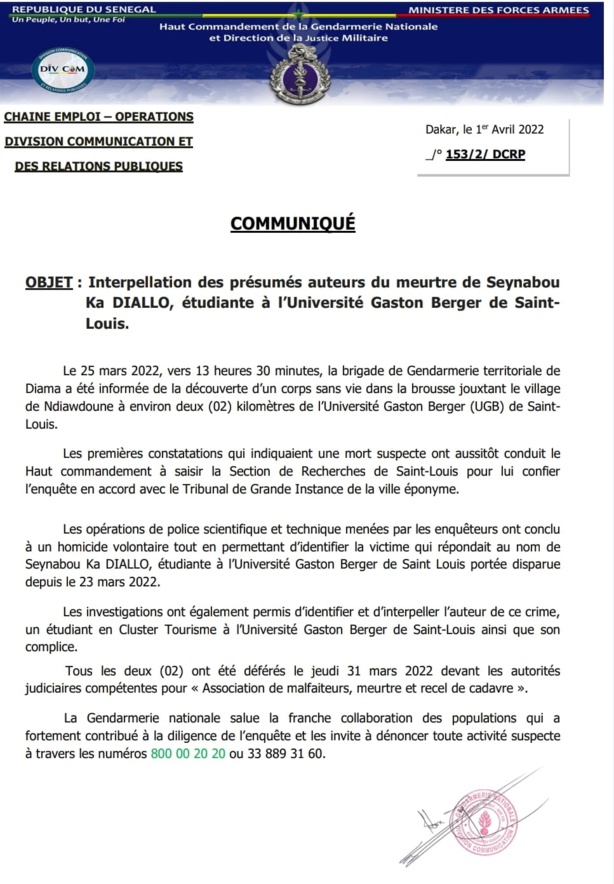 Assassinat de l'étudiante Seynabou Ka DIALLO : Des présumés auteurs du meurtre arrêtés Assassinat de l'étudiante Seynabou Ka DIALLO : Des présumés auteurs du meurtre arrêtés