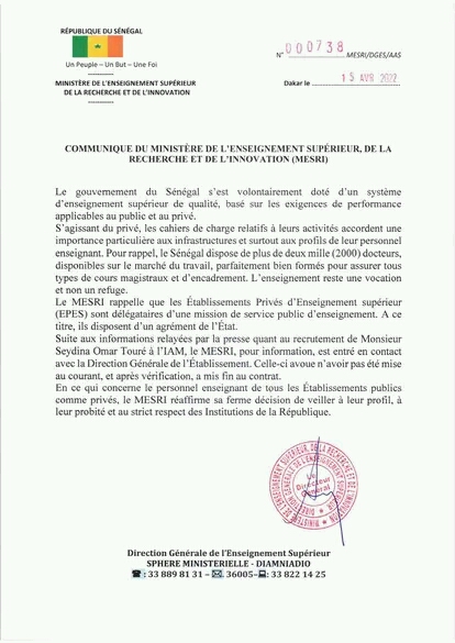 Licenciement du capitaine Touré: la réaction du ministère de l'enseignement supérieur....