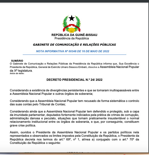 Guinée Bissau: le Président Embalo dissout le Parlement