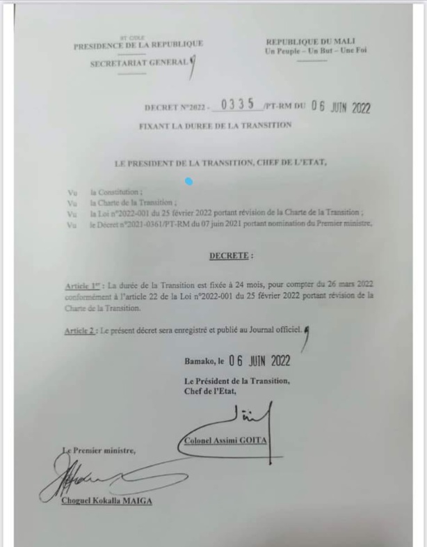  Mali : Le Colonel Assimi GOÏTA proroge la durée de la transition à 24 Mois 