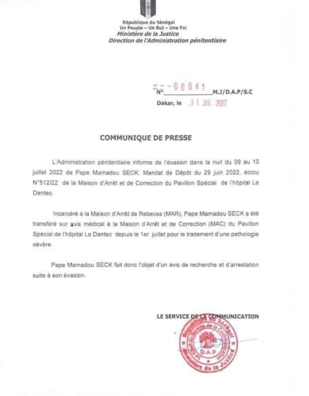 Supposée évasion de Pape M. Seck : l'administration pénitentiaire peine à convaincre... Supposée évasion de Pape M. Seck : l'administration pénitentiaire peine à convaincre...