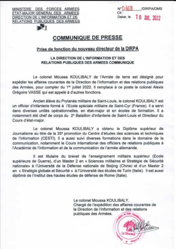 Armée : Le colonel Moussa Koulibaly prendre les commandes de la DIRPA Armée : Le colonel Moussa Koulibaly prendre les commandes de la DIRPA