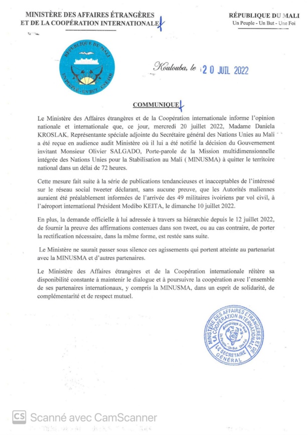 Mali : le porte-parole de la Minusma sommé de quitter le territoire Mali : le porte-parole de la Minusma sommé de quitter le territoire