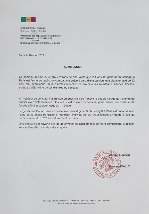 Paris : Un homme "armé" tente de s'attaquer au Consulat Général du Sénégal Paris : Un homme "armé" tente de s'attaquer au Consulat Général du Sénégal