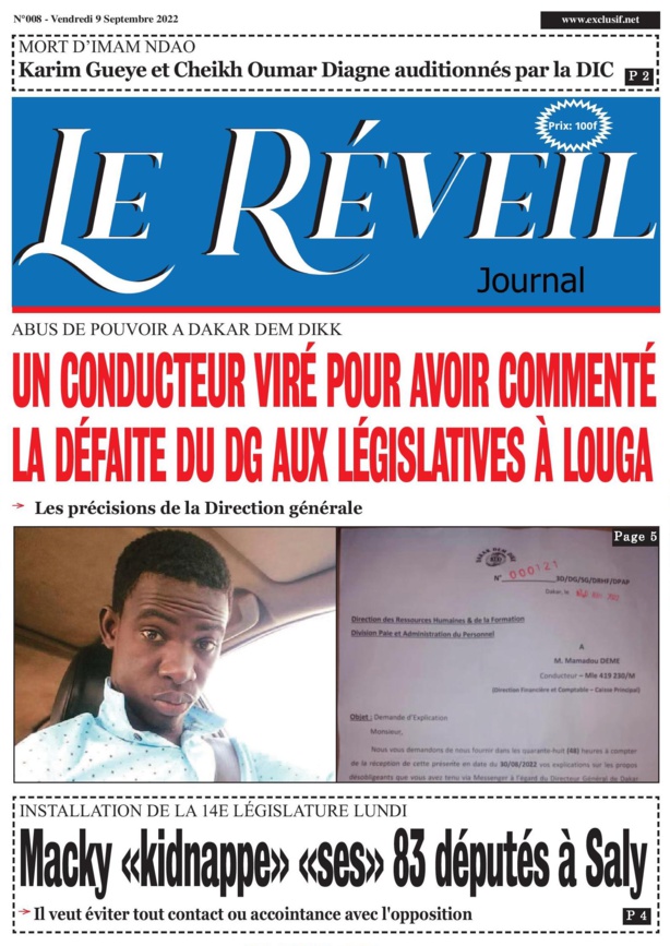 Le Quotidien "Le Réveil" du Vendredi 09 Septembre 2022...