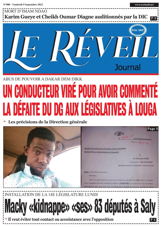 Le Quotidien "Le Réveil" du Vendredi 09 Septembre 2022... Le Quotidien "Le Réveil" du Vendredi 09 Septembre 2022...
