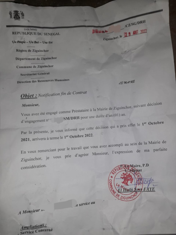 Mairie de Ziguinchor : 145 notifications de fin de contrat envoyées à des prestataires Mairie de Ziguinchor : 145 notifications de fin de contrat envoyées à des prestataires