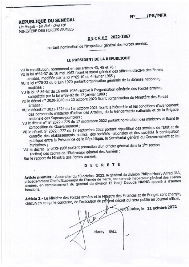 Sécurité : Macky Sall opère quelques réaménagements dans l'Armée Nationale (Documents) Sécurité : Macky Sall opère quelques réaménagements dans l'Armée Nationale (Documents)