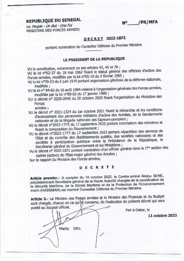 Sécurité : Macky Sall opère quelques réaménagements dans l'Armée Nationale (Documents) Sécurité : Macky Sall opère quelques réaménagements dans l'Armée Nationale (Documents)