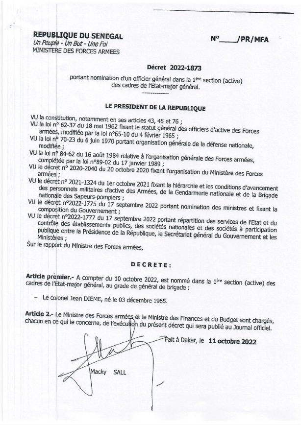 Sécurité : Macky Sall opère quelques réaménagements dans l'Armée Nationale (Documents) Sécurité : Macky Sall opère quelques réaménagements dans l'Armée Nationale (Documents)