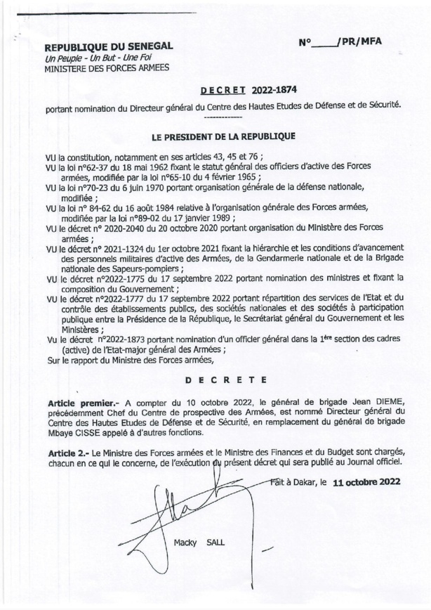 Sécurité : Macky Sall opère quelques réaménagements dans l'Armée Nationale (Documents) Sécurité : Macky Sall opère quelques réaménagements dans l'Armée Nationale (Documents)
