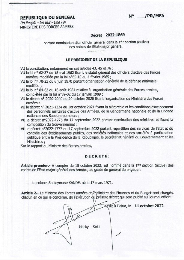 Armée : Le Colonel Kandé quitte le commandement des opérations spéciales pour... (Document) Armée : Le Colonel Kandé quitte le commandement des opérations spéciales pour... (Document)