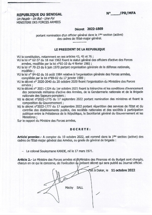  Armée : Le Colonel Kandé quitte le commandement des opérations spéciales pour... (Document)
