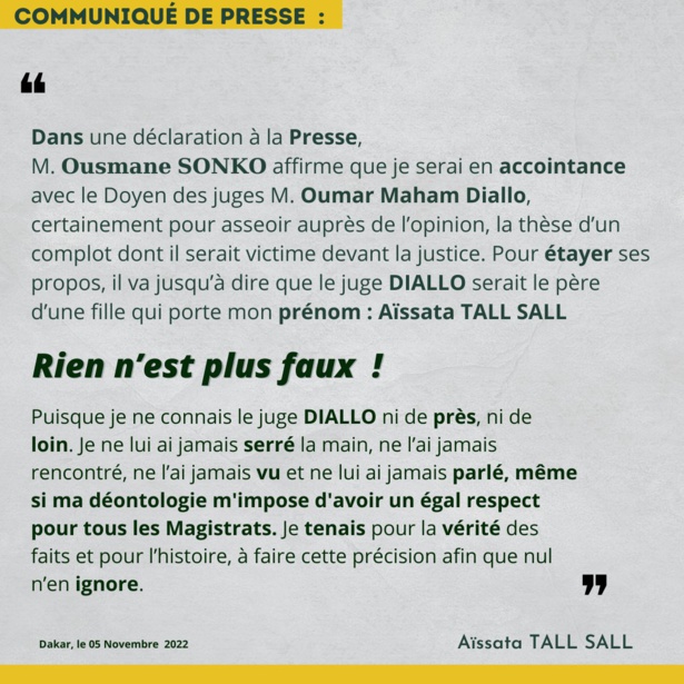 Accusée d'étre une proche du juge Maham DIALLO, Aissata Tall Sall répond à Sonko: "Je ne lui ai jamais serré la main" Accusée d'étre une proche du juge Maham DIALLO, Aissata Tall Sall répond à Sonko: "Je ne lui ai jamais serré la main"