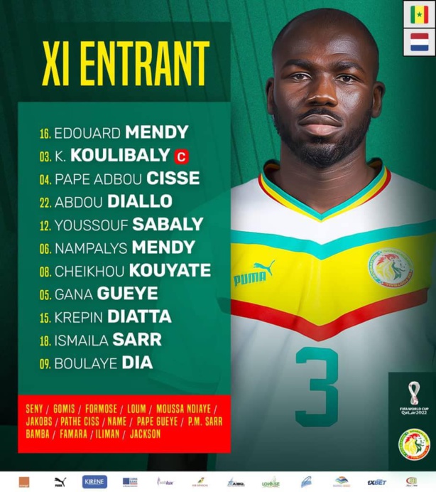 Sénégal : E.Mendy - Sabaly, Cissé, Koulibaly, Diallo - Kouyaté, N.Mendy, I.Gueye - Diatta, Dia, Sarr