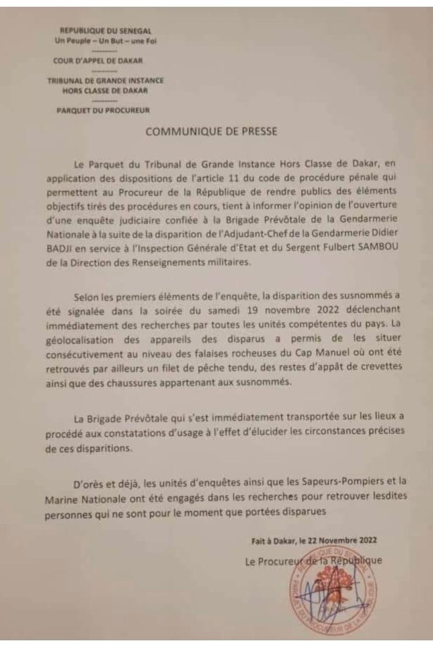Deux officiers de l'armée portés disparus : La réaction du procureur de la république