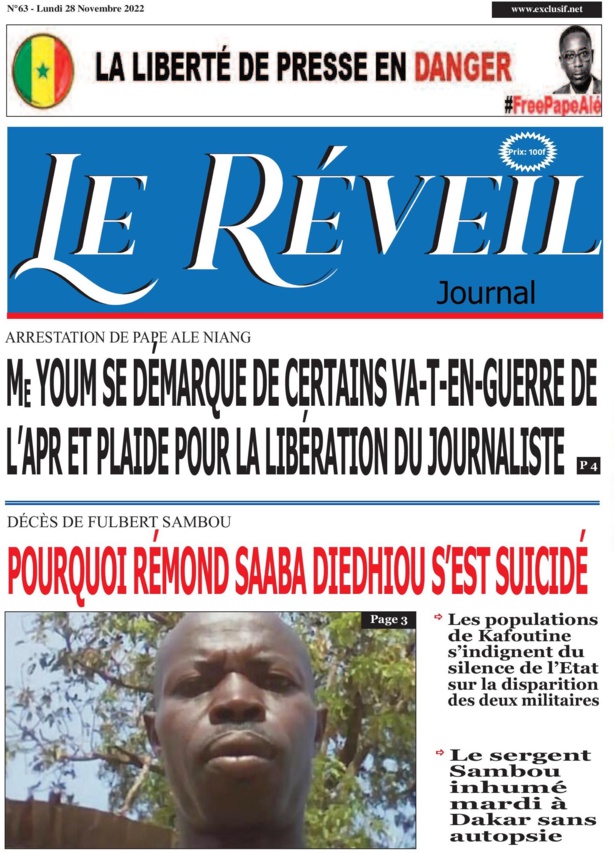 Le Quotidien "Le Réveil" du Lundi 28 Novembre 2022