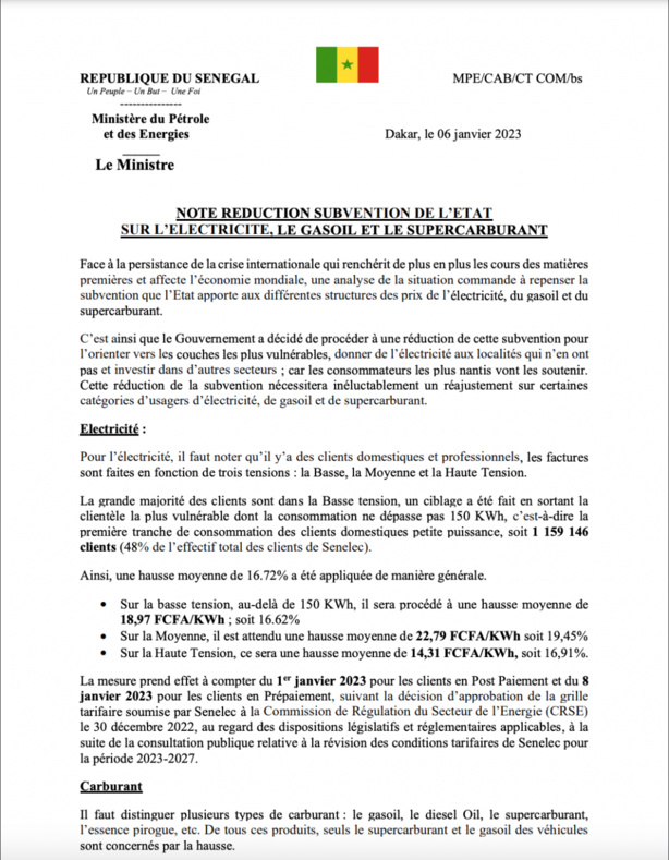 Électricité, carburant : L’Etat officialise ses hausses (Document officiel) Électricité, carburant : L’Etat officialise ses hausses (Document officiel)