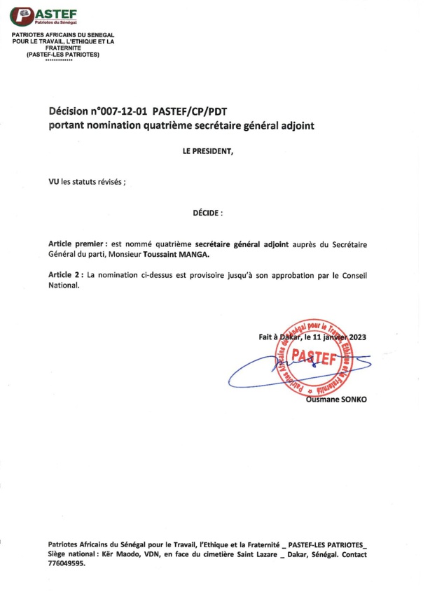 PASTEF : Toussaint MANGA nommé PASTEF : Toussaint MANGA nommé
