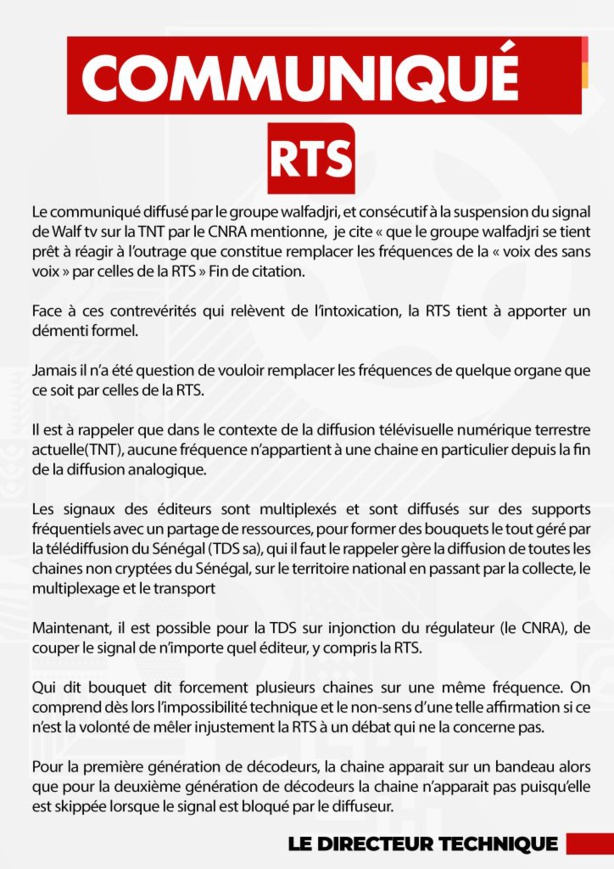 Suspension du signal de Walf tv : La réaction de la RTS (DOCUMENT) Suspension du signal de Walf tv : La réaction de la RTS (DOCUMENT)