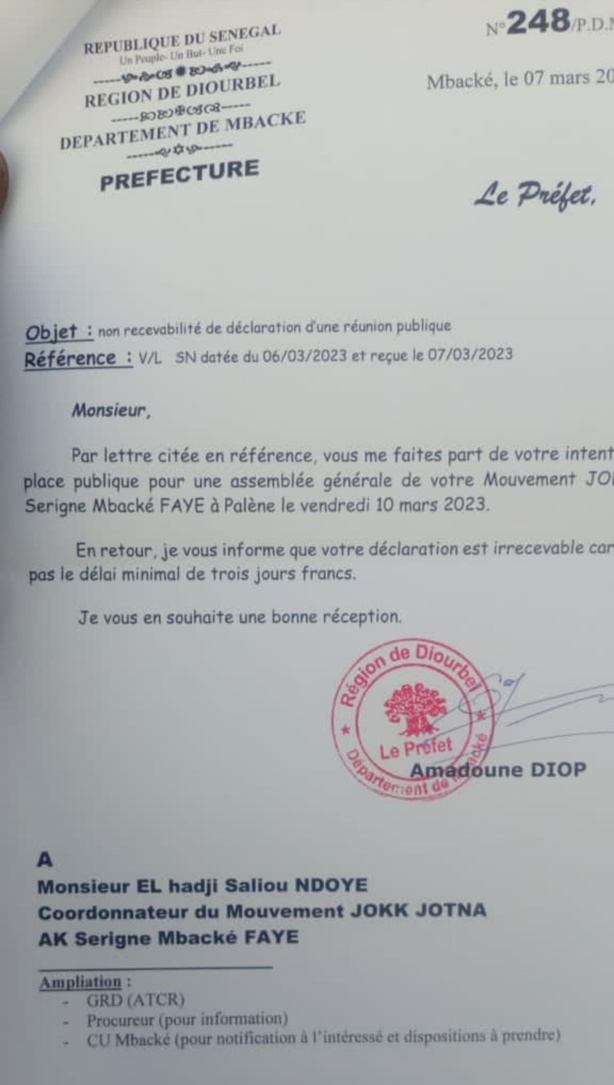 Présidentielle 2024 : Le préfet de Mbacké interdit un meeting d'investiture de Macky Sall Présidentielle 2024 : Le préfet de Mbacké interdit un meeting d'investiture de Macky Sall