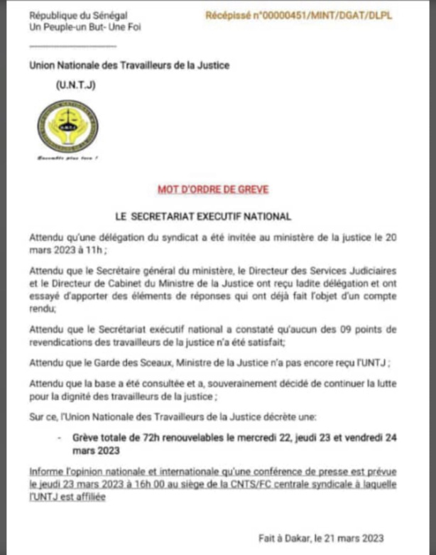 JUSTICE : l'UNTJ décrète une grève totale de 72 heures renouvelables