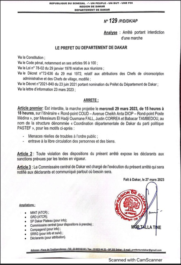 Dakar : Le préfet interdit les marches Yewwi Askan Wi Dakar : Le préfet interdit les marches Yewwi Askan Wi