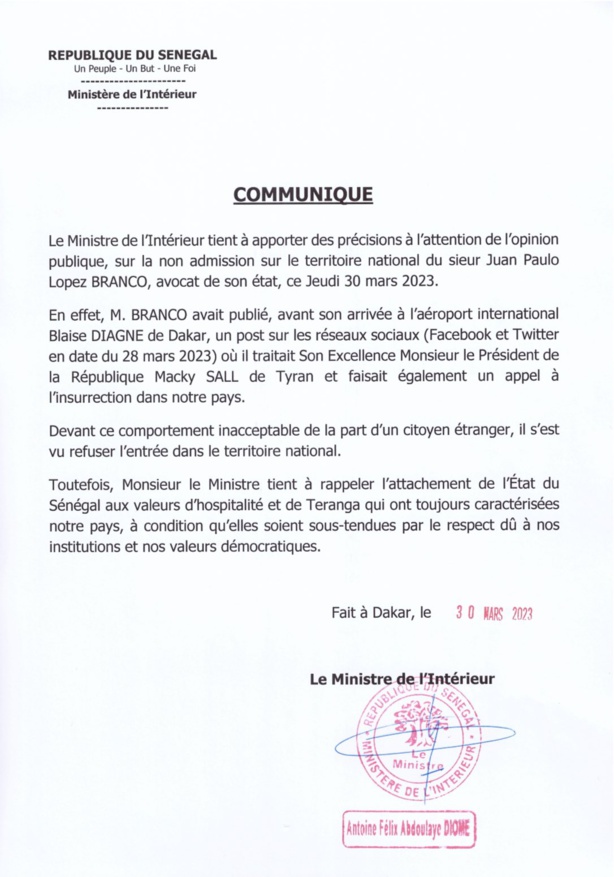 Expulsion de Me Juan Branco du Sénégal : Les explications du ministère de l’Intérieur...
