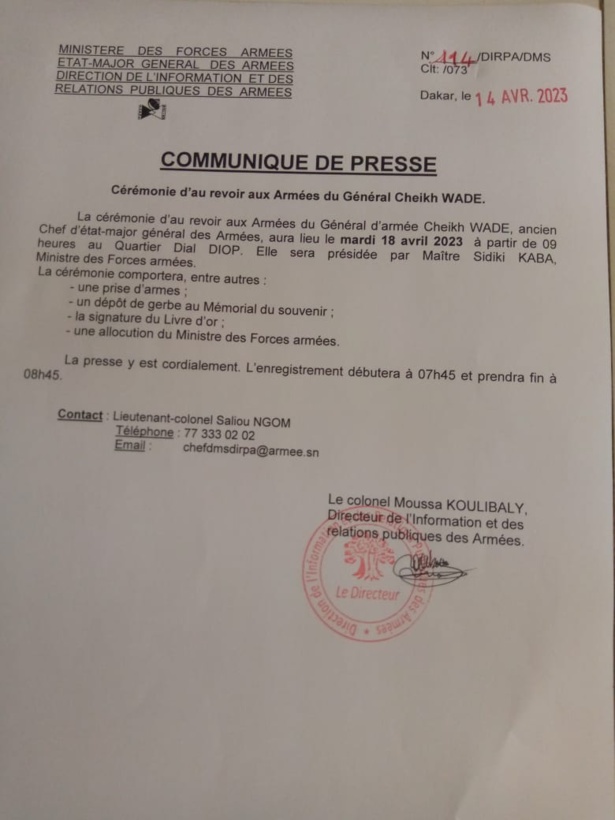 Cérémonie du départ du Général d'armée Cheikh Wade : ce que l'armée prévoit...
