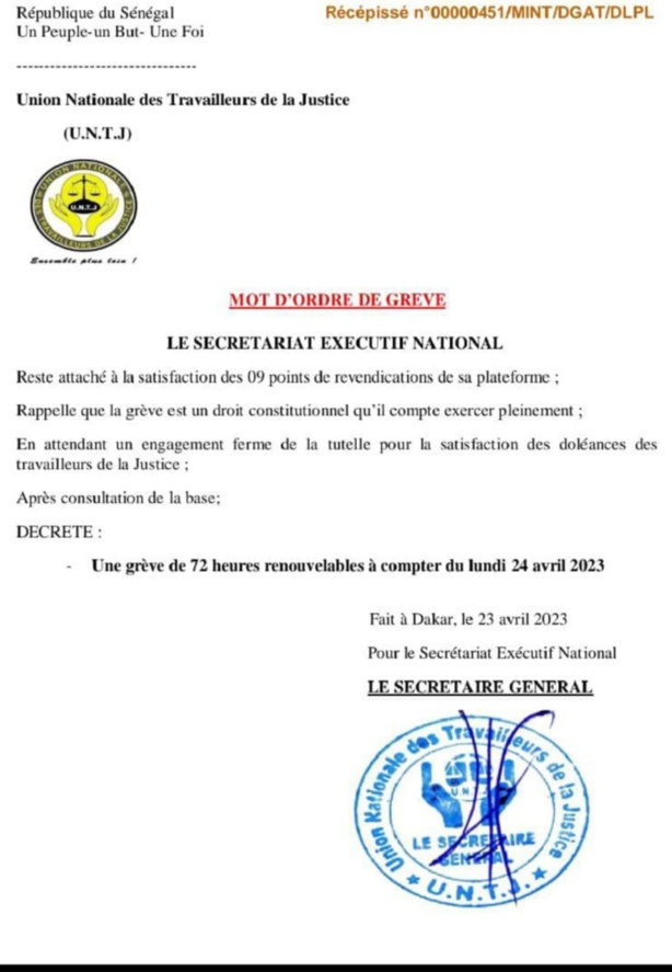 JUSTICE : l'UNTJ décrète (encore) une grève totale de 72 heures renouvelables JUSTICE : l'UNTJ décrète (encore) une grève totale de 72 heures renouvelables