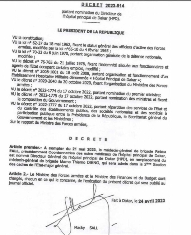 Hôpital Principal de Dakar : Le médecin-général de brigade Fatou Fall prend la Direction 