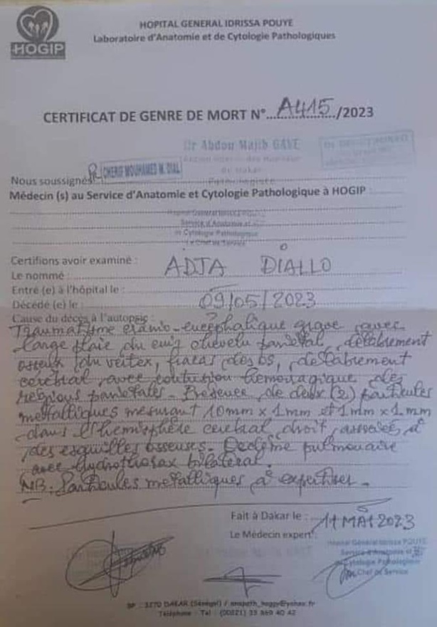 Affrontements à Ngor : Ce que révèle le certificat de genre de mort de Adja Diallo Affrontements à Ngor : Ce que révèle le certificat de genre de mort de Adja Diallo