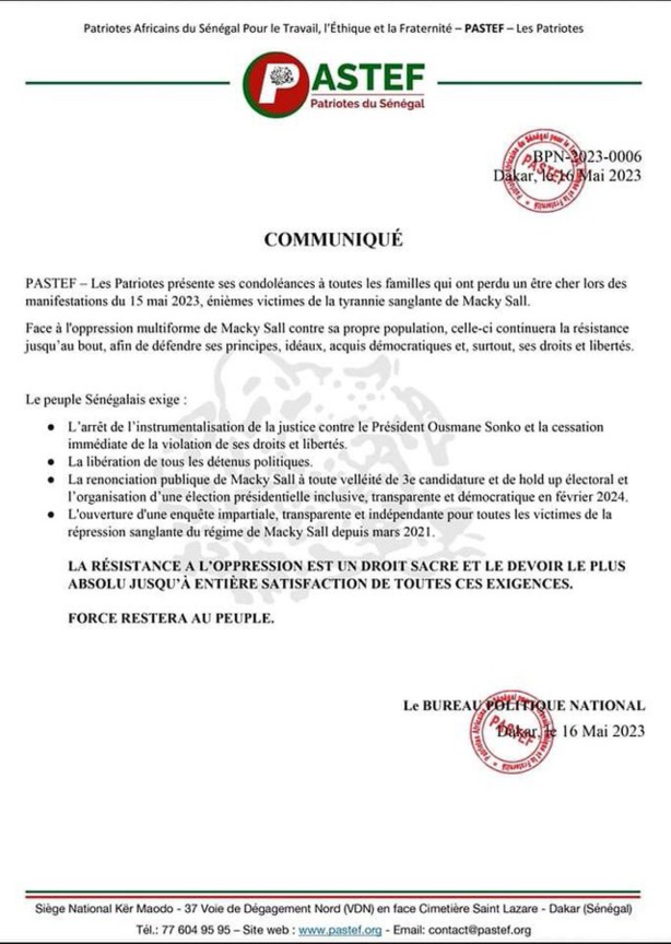 Le Parti de Sonko accentue la pression et exige la libération de tous les détenus politiques (DOCUMENT) Le Parti de Sonko accentue la pression et exige la libération de tous les détenus politiques (DOCUMENT)