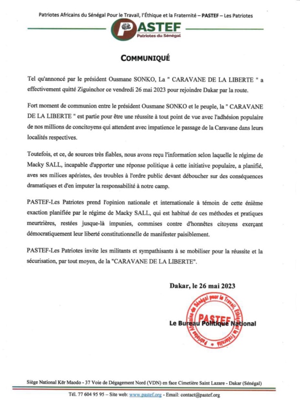 "Ce que les miliciens de l'APR préparent contre la caravane de Ousmane Sonko..." (Communiqué Pastef) "Ce que les miliciens de l'APR préparent contre la caravane de Ousmane Sonko..." (Communiqué Pastef)