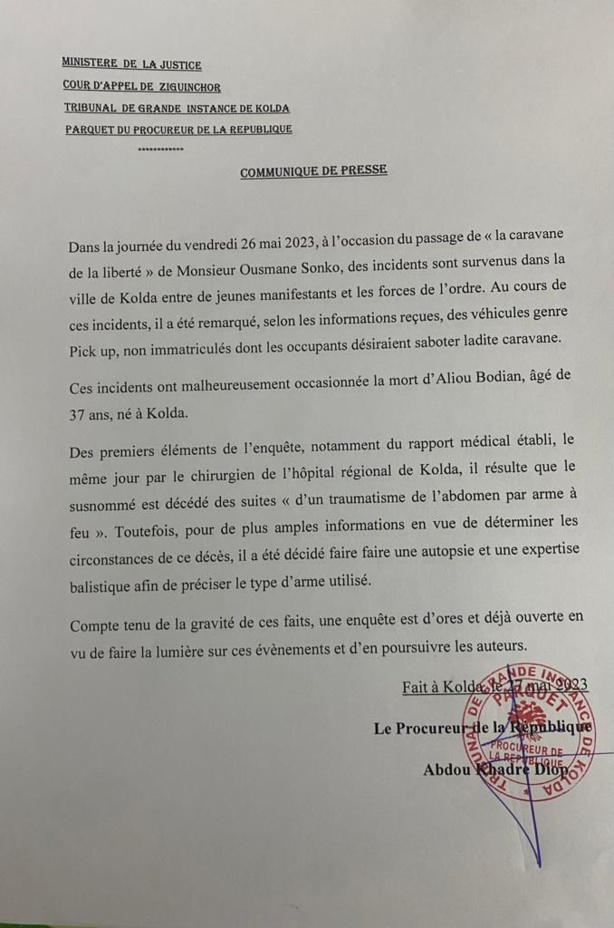 Kolda: une arme à feu à l'origine de la mort de Aliou Bodian (Rapport médical) Kolda: une arme à feu à l'origine de la mort de Aliou Bodian (Rapport médical)