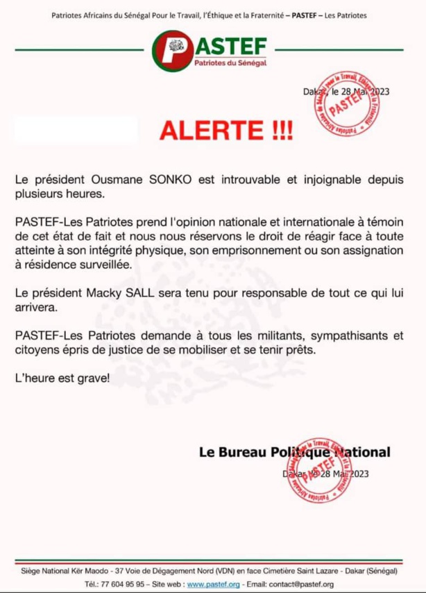 "Ousmane Sonko introuvable" : Pastef mobilise ses militants et sympathisants "Ousmane Sonko introuvable" : Pastef mobilise ses militants et sympathisants