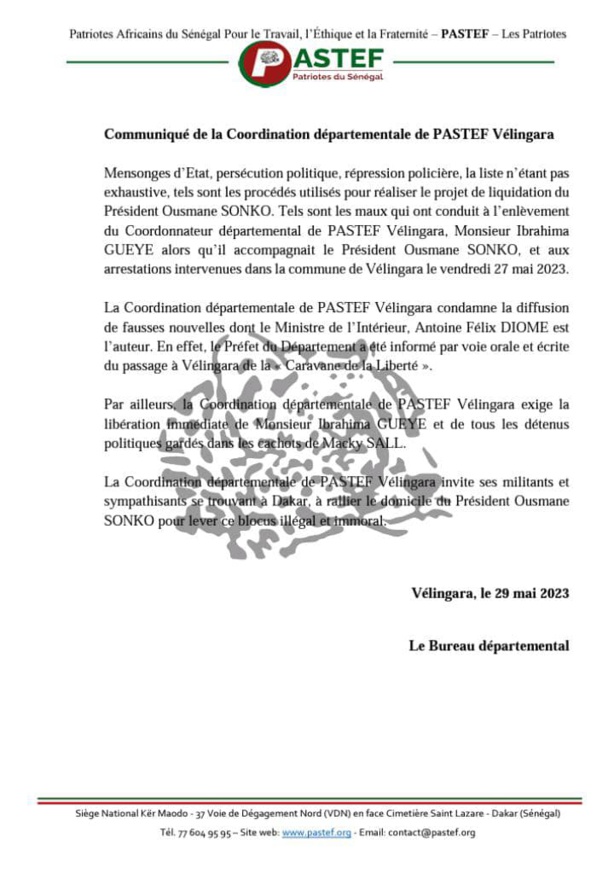 Sortie de Antoine DIOME : Pastef Vélingara parle de 