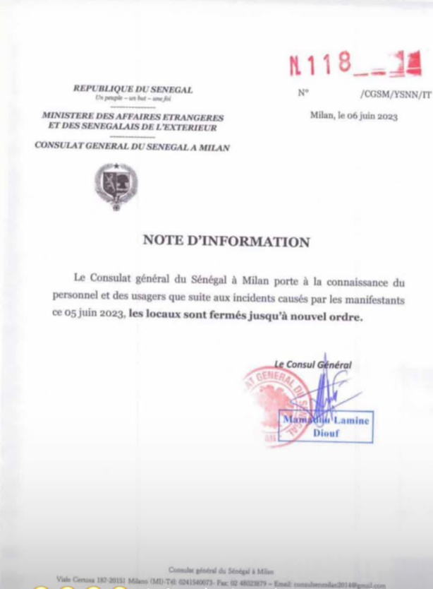 ITALIE : Le Consulat général du Sénégal à Milan ferme ses portes (Document)
