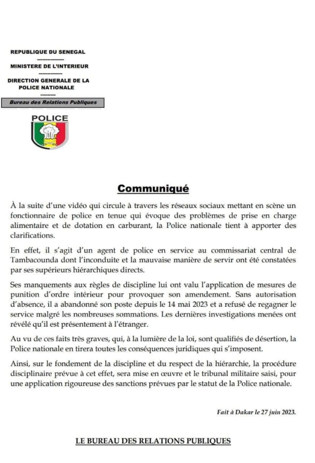 Sortie d'un flic contre la gestion de Macky : Les précisions de la Direction de la Police Sortie d'un flic contre la gestion de Macky : Les précisions de la Direction de la Police
