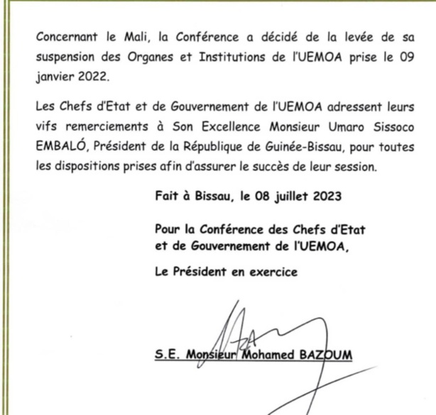 Bissau: L'UEMOA lève les sanctions institutionnelles contre le Mali Bissau: L'UEMOA lève les sanctions institutionnelles contre le Mali