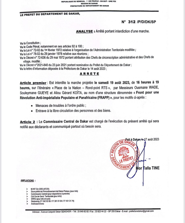 Le Préfet de Dakar interdit la marche du mouvement "FRAPP FRANCE DÉGAGE", prévue ce samedi