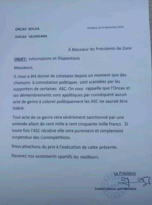 Des chants dédiés à Ousmane Sonko interdits dans les stades (Odcav) Des chants dédiés à Ousmane Sonko interdits dans les stades (Odcav)