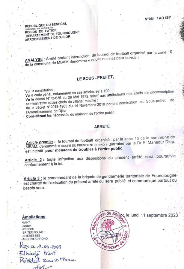 Foundiougne : un tournoi dénommé « coupe du président Sonko » interdit par le sous-préfet de Djilor Foundiougne : un tournoi dénommé « coupe du président Sonko » interdit par le sous-préfet de Djilor