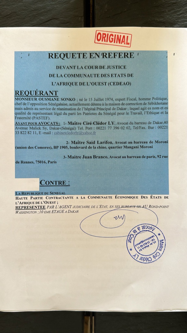 Les avocats de Sonko déposent une Requête en Référé à la Cour de justice de la Cedeao pour sa libération Les avocats de Sonko déposent une Requête en Référé à la Cour de justice de la Cedeao pour sa libération