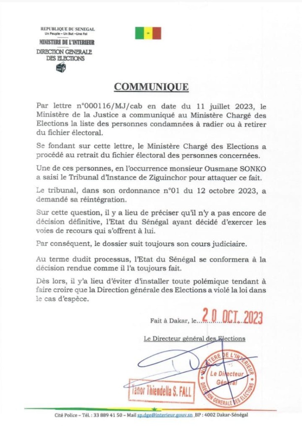 Refus de donner les fiches de parrainage à Sonko : La DGE brise le silence Refus de donner les fiches de parrainage à Sonko : La DGE brise le silence