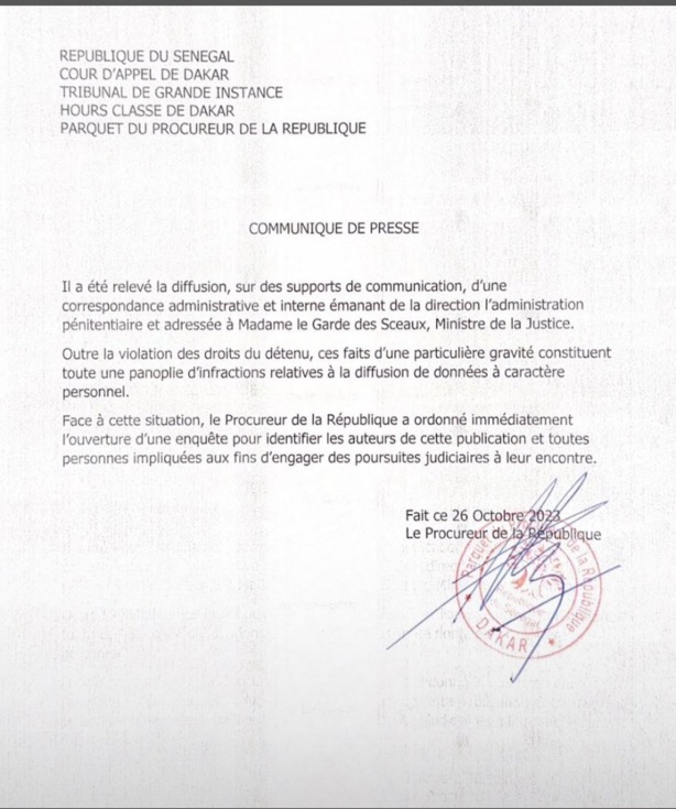 Fuite du rapport médical de Sonko : Le Procureur annonce des poursuites judiciaires (Document) Fuite du rapport médical de Sonko : Le Procureur annonce des poursuites judiciaires (Document)