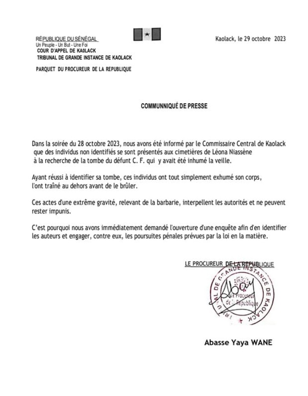 Corps exhumé et brûlé à Kaolack : Le Procureur promet de traquer les auteurs Corps exhumé et brûlé à Kaolack : Le Procureur promet de traquer les auteurs