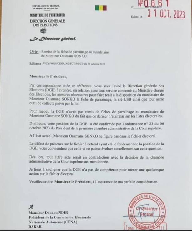 Refus de donner les fiches de parrainage à Sonko : La DGE répond à la CENA Refus de donner les fiches de parrainage à Sonko : La DGE répond à la CENA